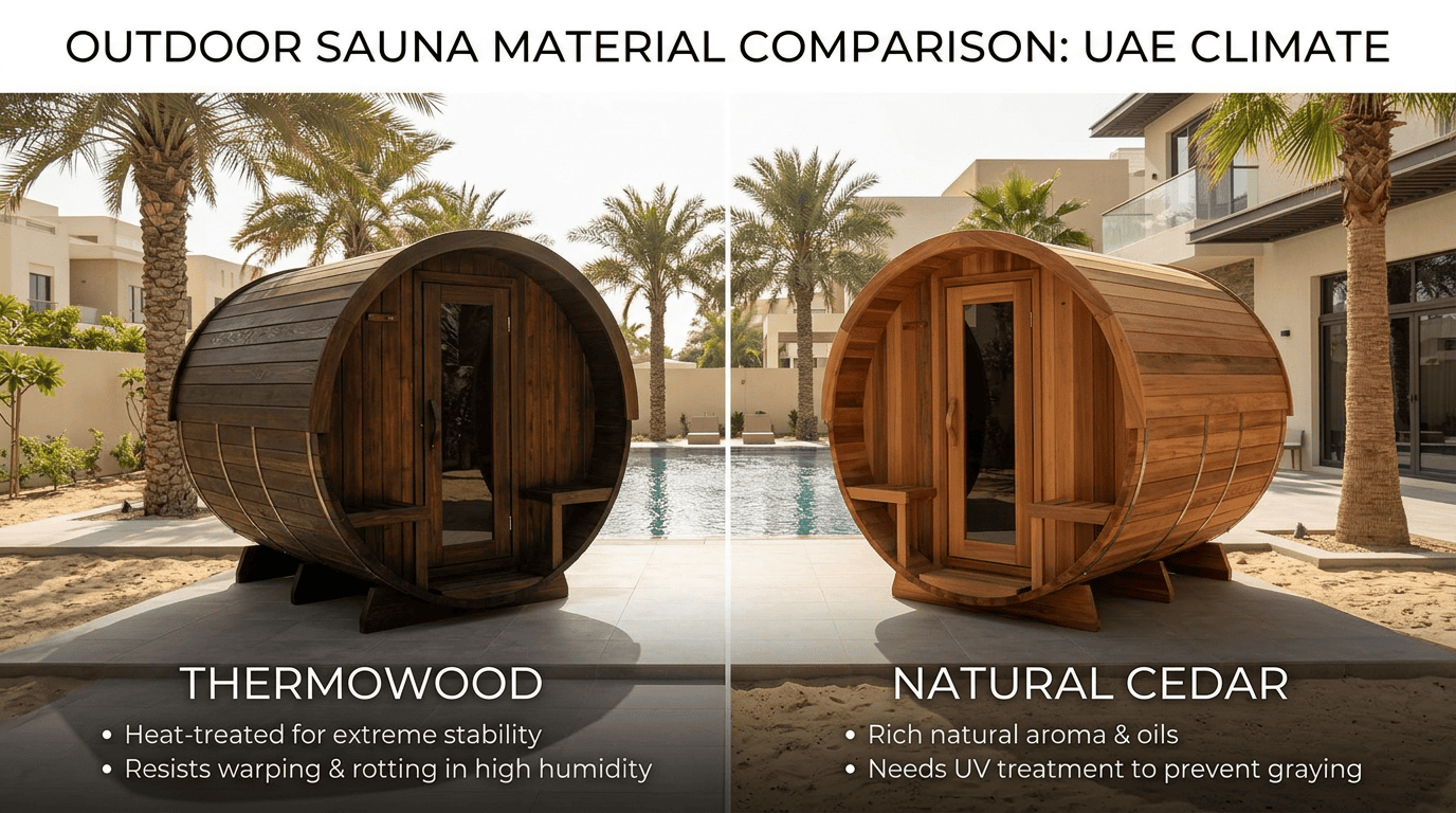 thermowood vs cedar sauna, thermowood sauna UAE, cedar sauna Dubai, sauna wood types, outdoor sauna materials, sauna durability, UAE climate sauna, home sauna guide